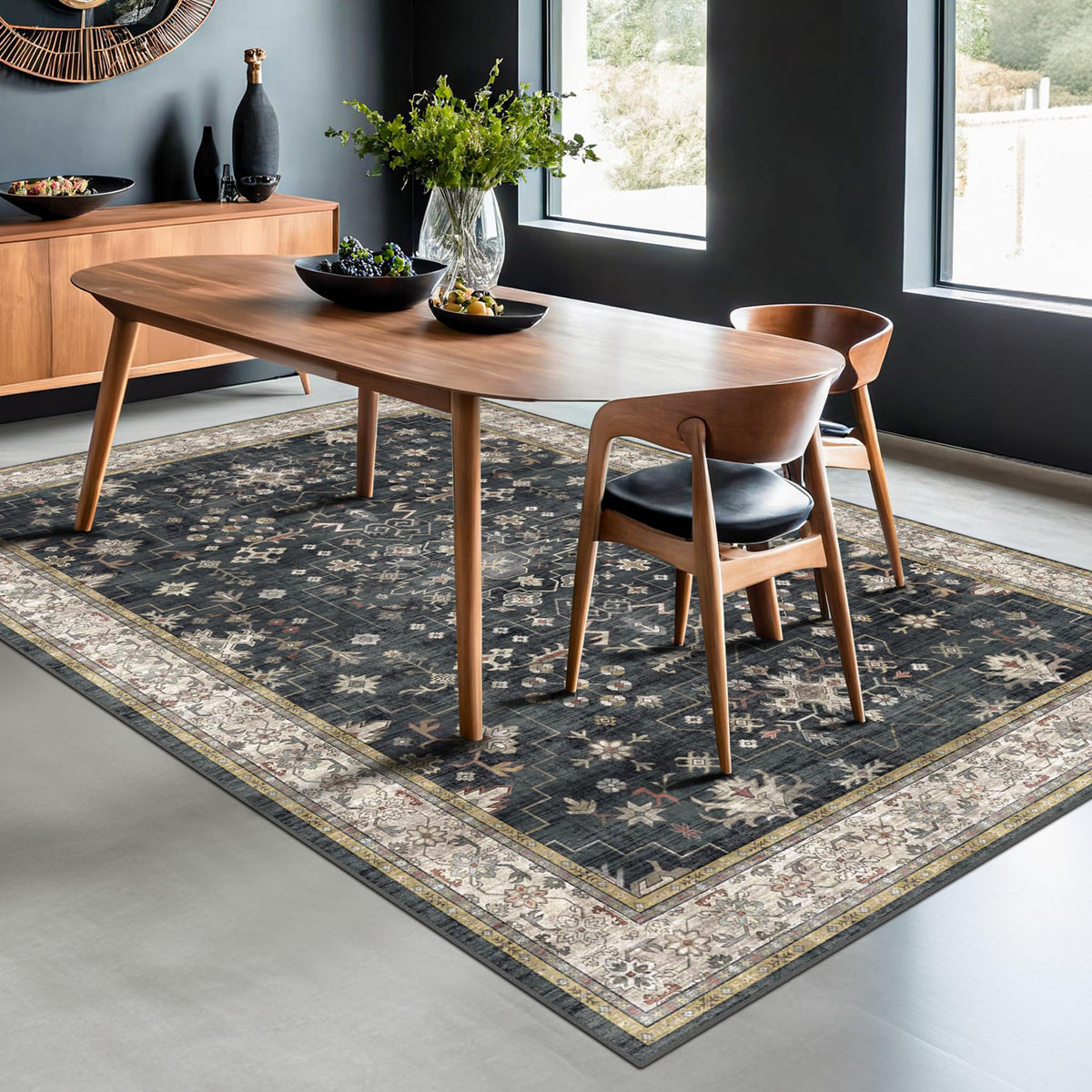 Hazo Haus Boho dining rug shown in a living room setup with warm earthy tones.