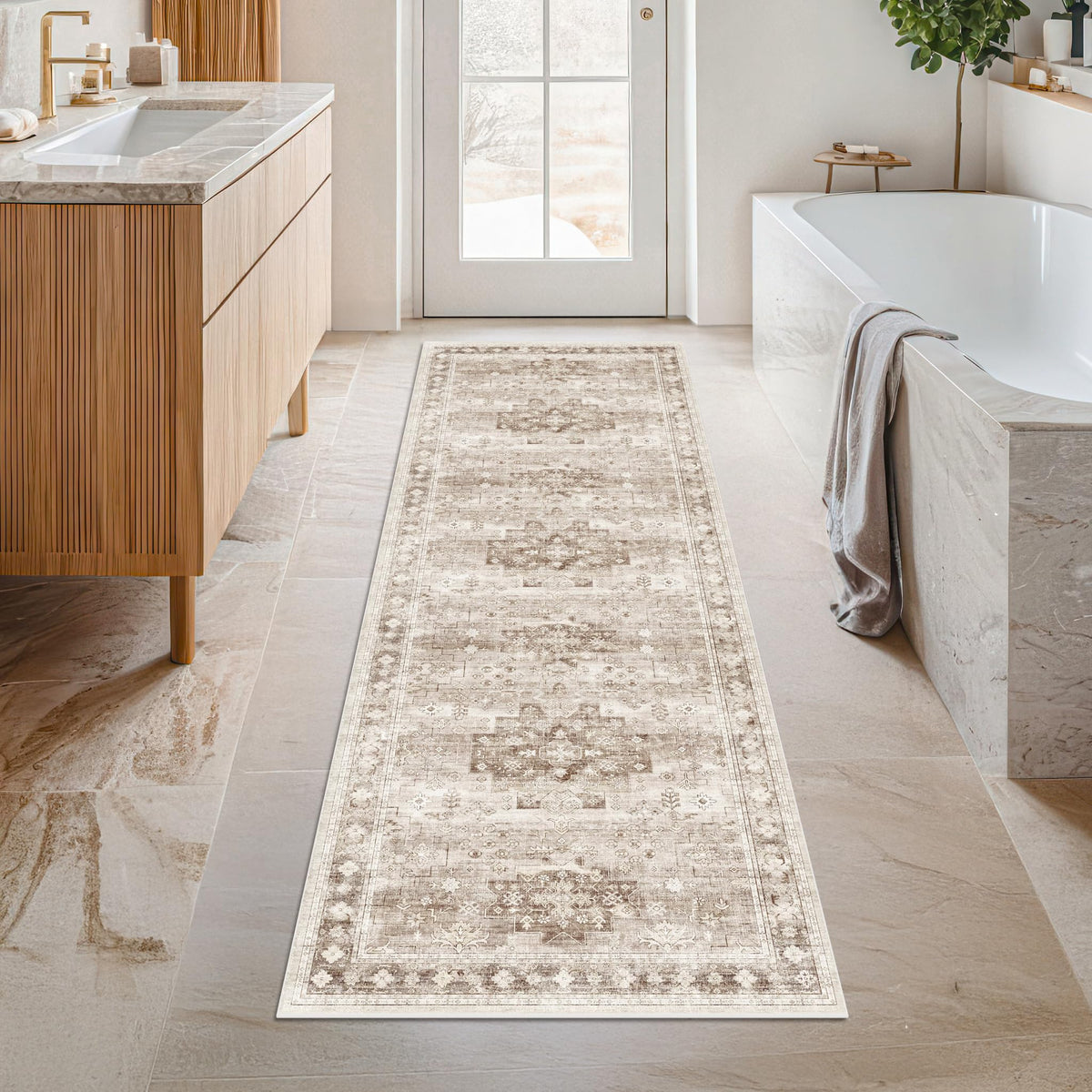 Hazo Haus Boho long runner rug front view, soft underfoot for bathroom use