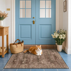 Hazo Haus boho taupe entryway rug adds warm tones for a welcoming foyer.