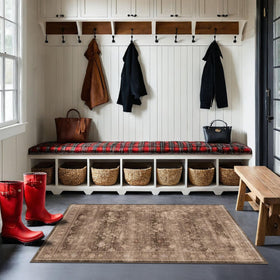 Hazo Haus boho taupe 3x5 rug with low pile resists pet hair and dirt.