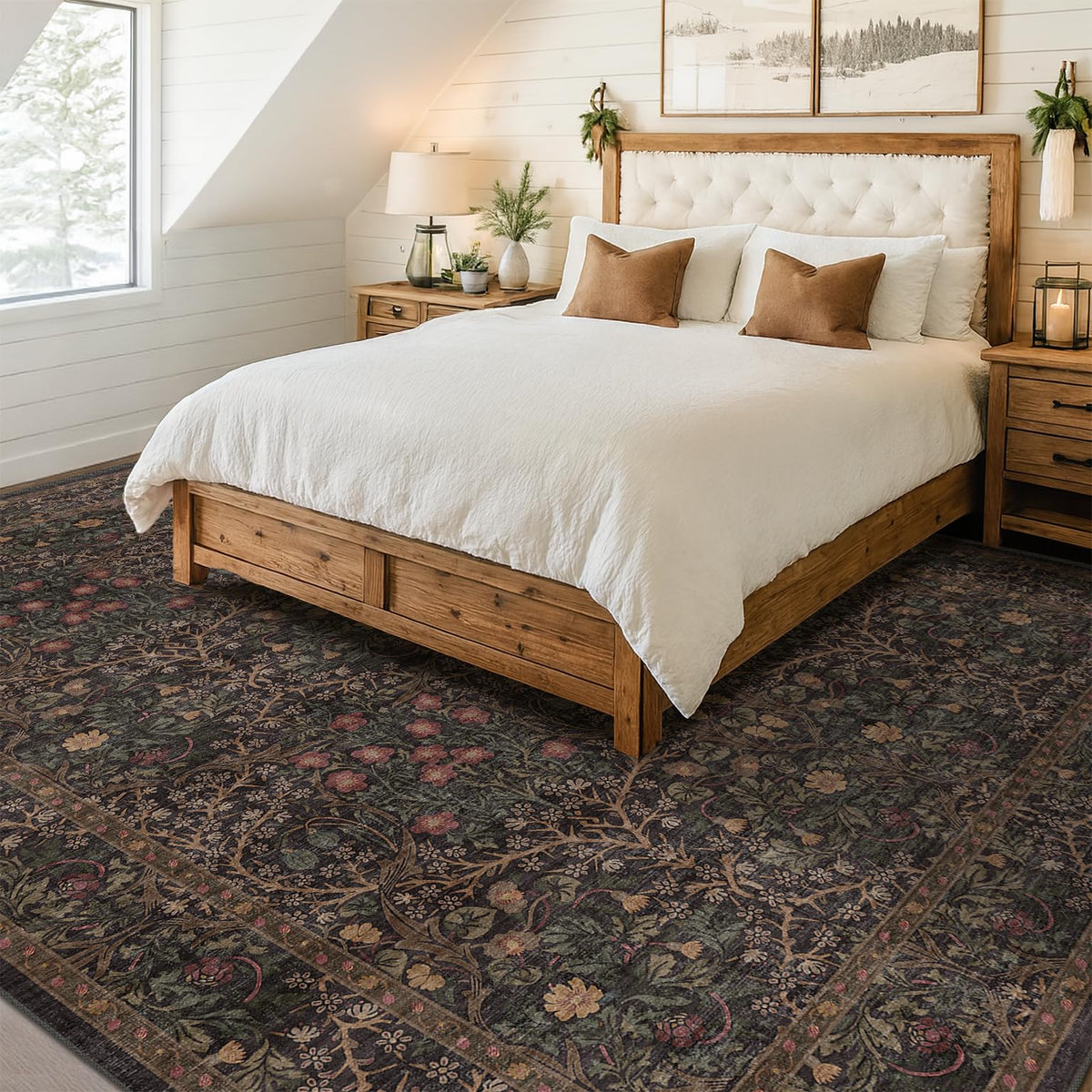 Hazo Haus dark brown backdrop rug with green vines and red berries enhances decor.