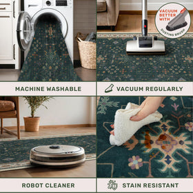 Hazo Haus dark green rug entryway shot — non-slip back for stable floors