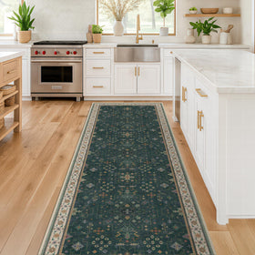 Hazo Haus Dark Green 2x6 Rug — full view with vintage floral boho pattern for entryways