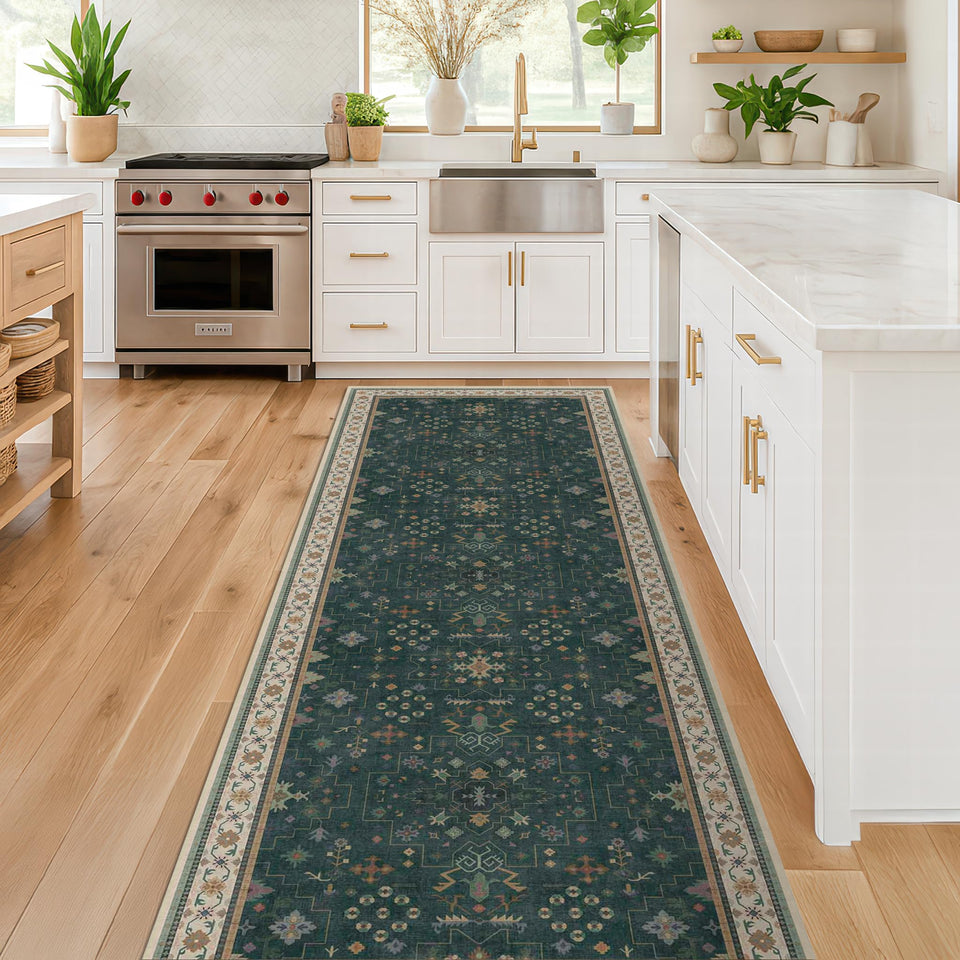 Hazo Haus Dark Green 2x6 Rug — full view with vintage floral boho pattern for entryways