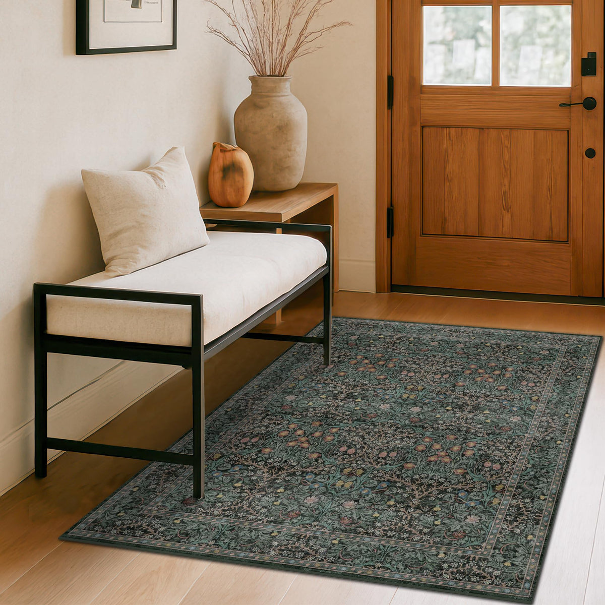 Hazo Haus dark green 4x6 entryway rug main view highlighting lush floral distressing for living areas