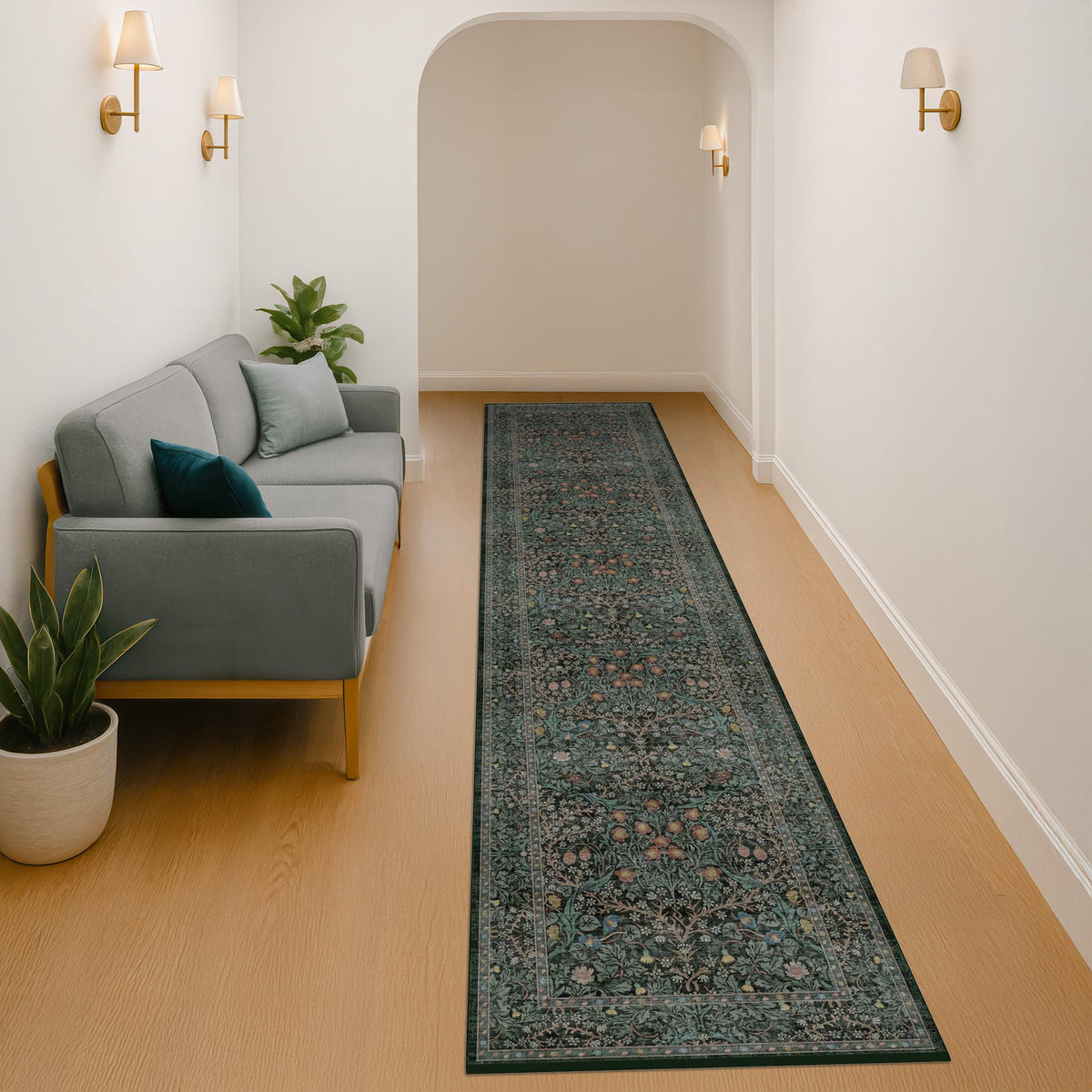 Hazo Haus dark-green botanical pattern enhances entryway decor with rich emerald tones.