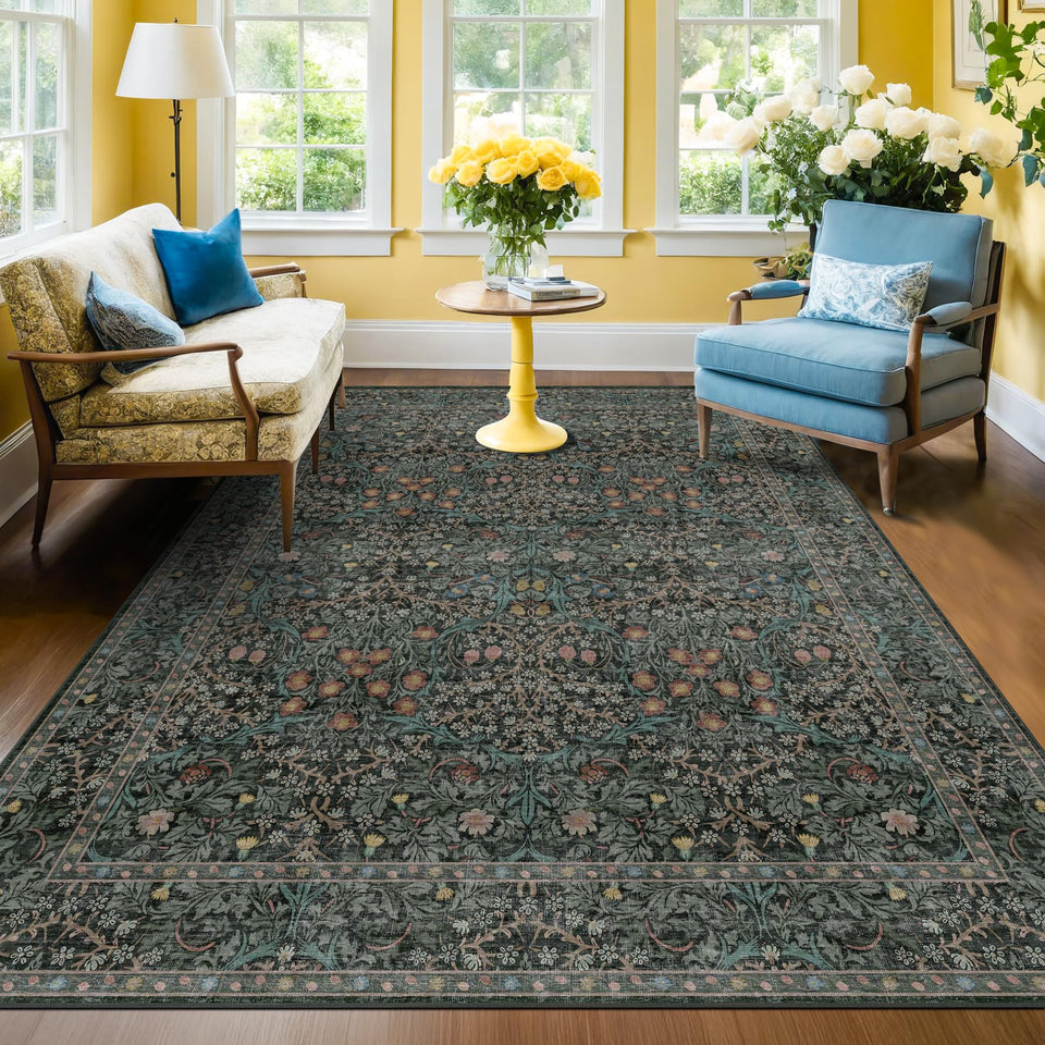 Hazo Haus dark-green floral rug in 5x7 size, bold living room focal point.