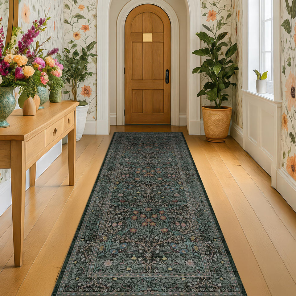 Hazo Haus dark green floral runner in a wide hallway adding dramatic color