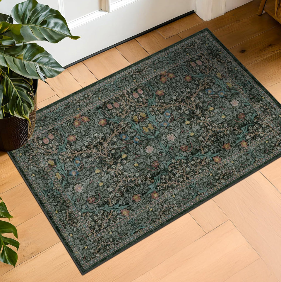 Hazo Haus dark green washable entry rug with non-slip backing for safe front door use.