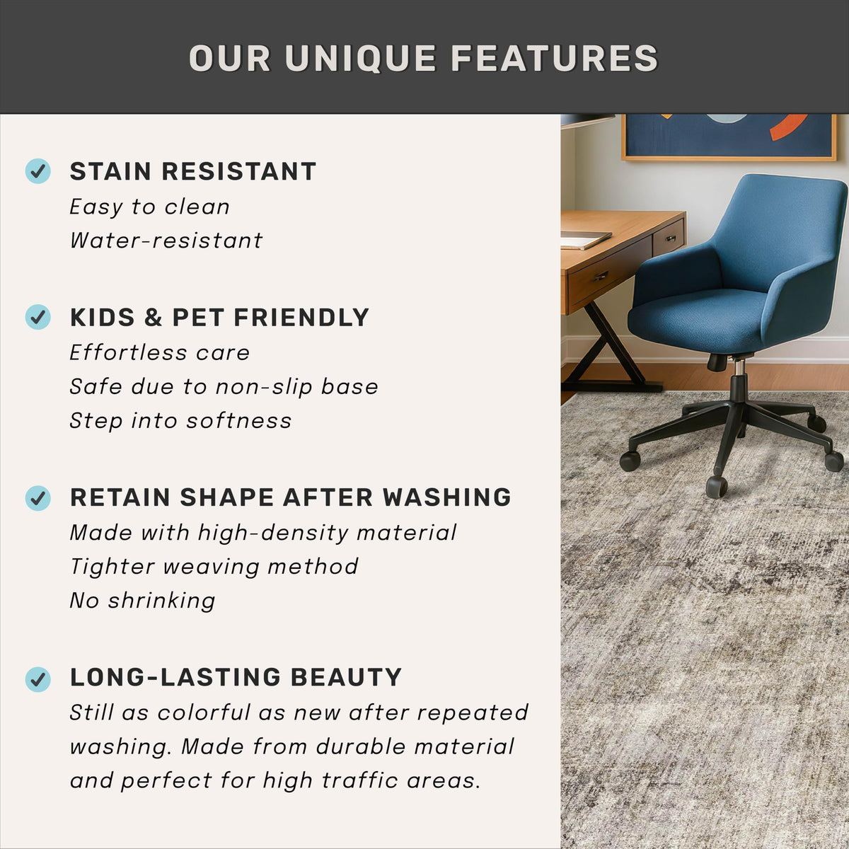Hazo Haus durable, everyday-use rug resists wear with regular care.