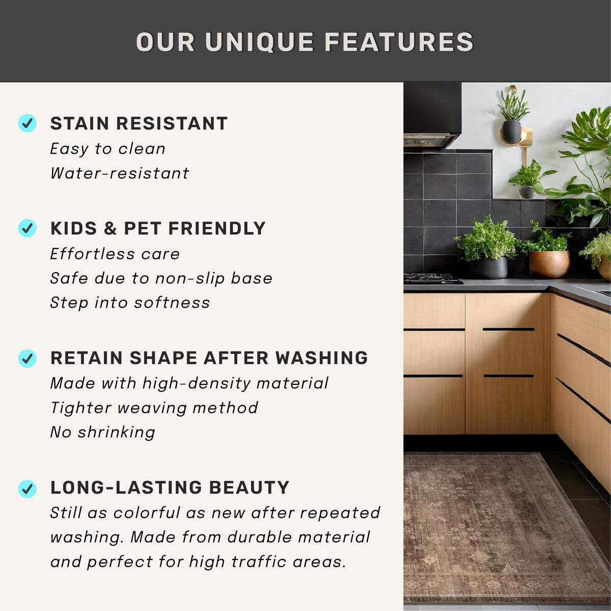 Ideal small rug for door mats, bathrooms, and compact spaces
