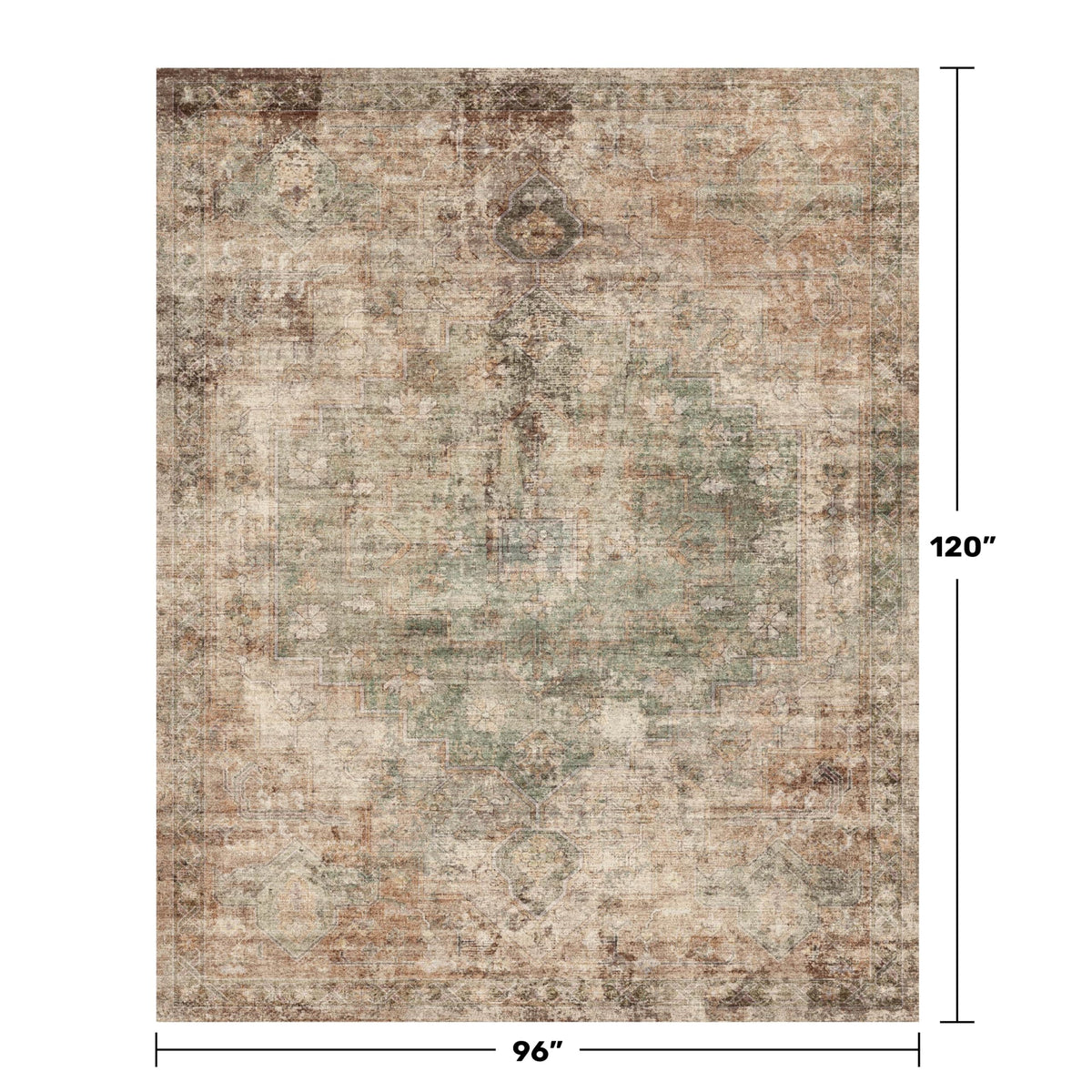 Close-up texture of Hazo Haus rug showing sage green and rust medallion details for depth.
