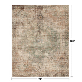 Close-up texture of Hazo Haus rug showing sage green and rust medallion details for depth.
