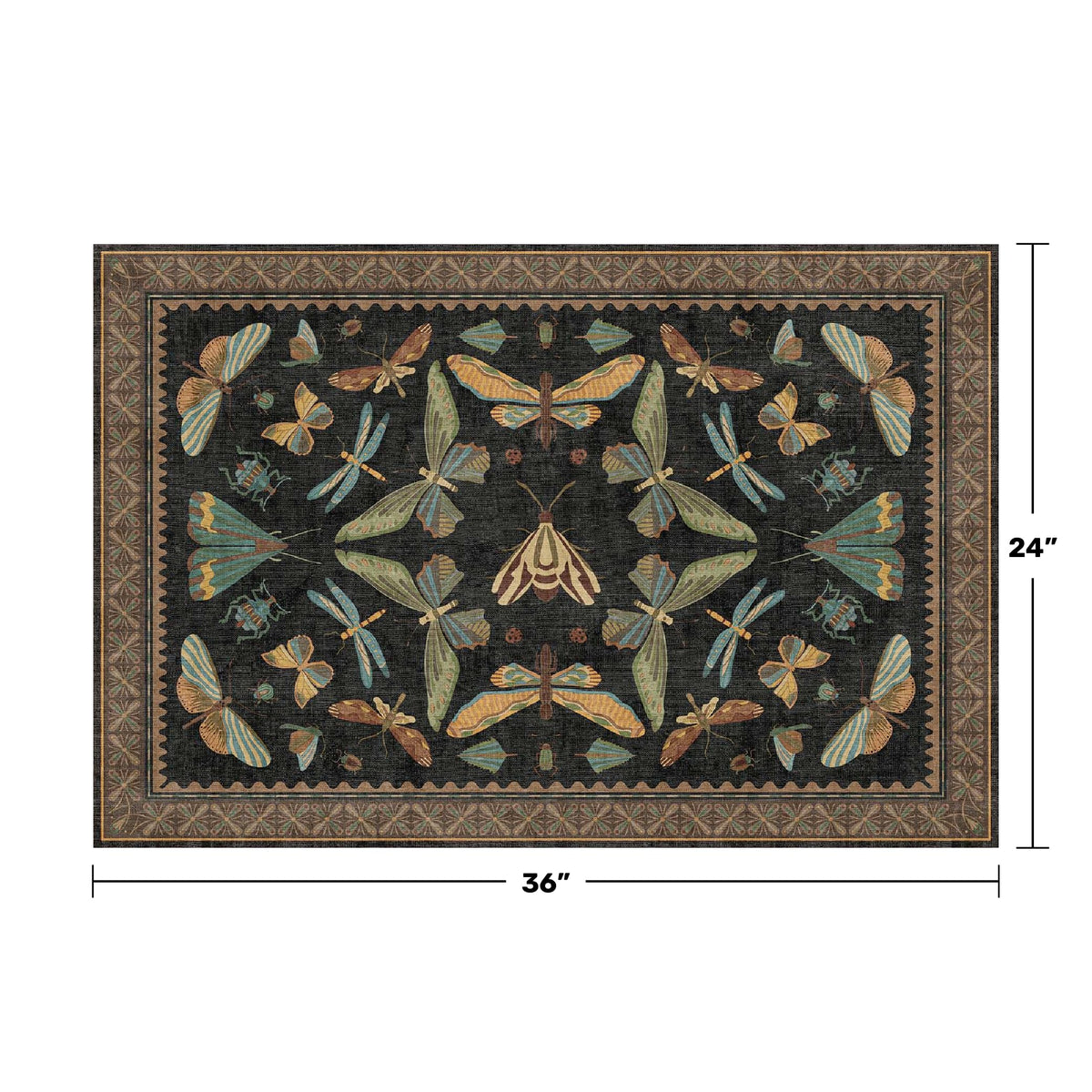 Hazo Haus insect-print area rug featuring moths, butterflies, and dragonflies
