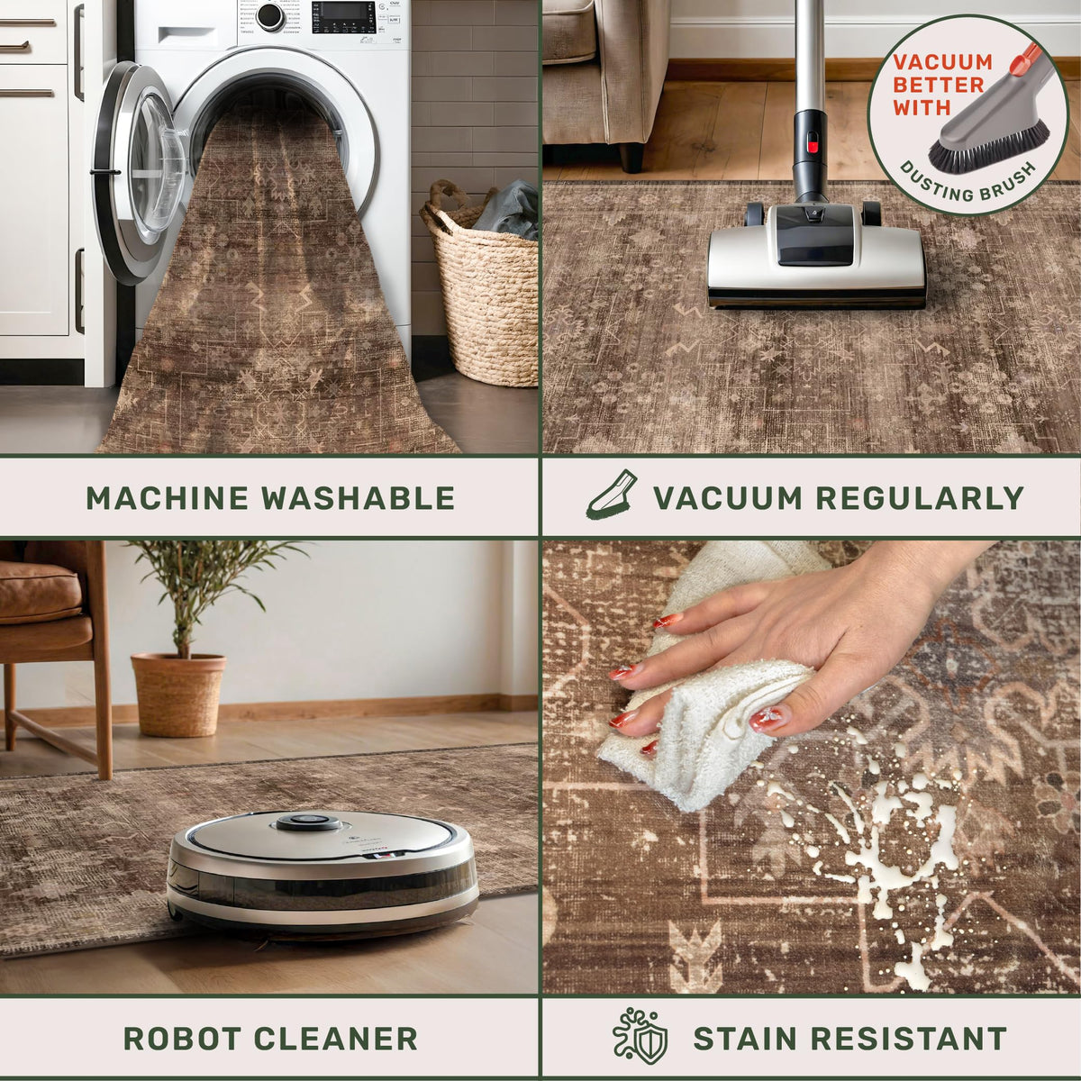Kid and pet friendly underfoot with easy cleanup and low-pile practicality