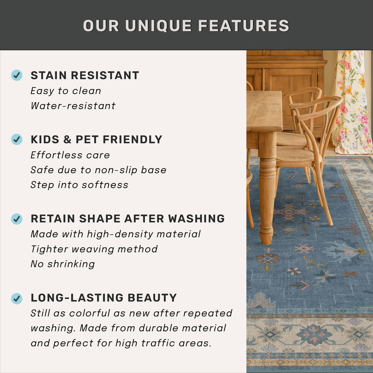 Hazo Haus low-pile rug simplifies cleaning while remaining soft underfoot.