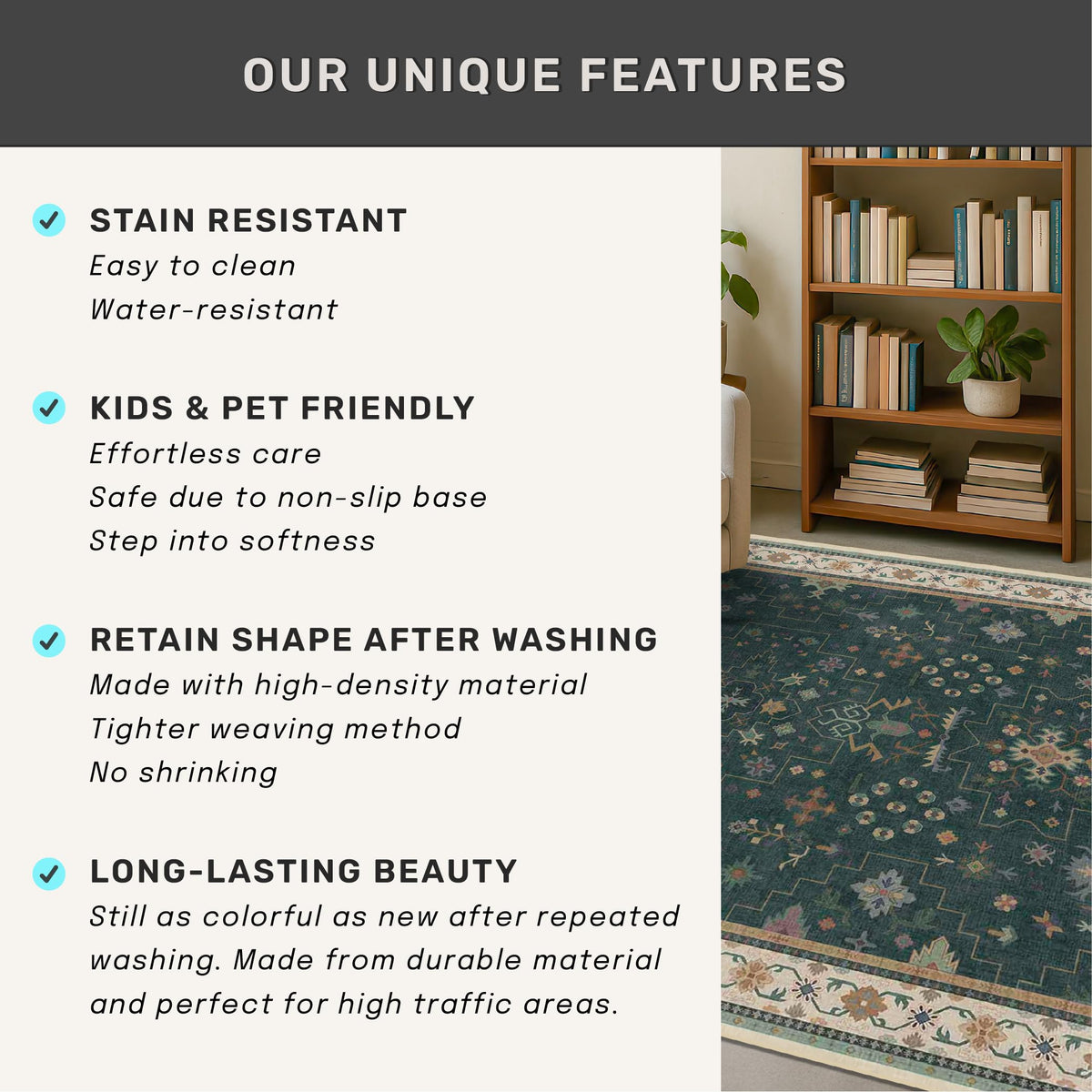 Hazo Haus low-pile rug feels soft underfoot in high-traffic areas.