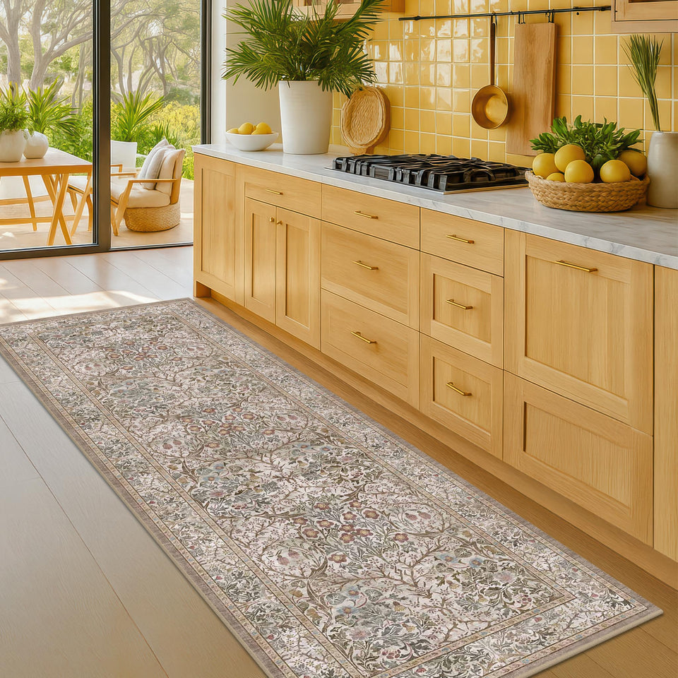 Hazo Haus moss green 2'6x8' runner with non-slip backing for hallways.