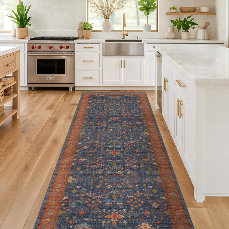 Hazo Haus navy blue runner rug 2x6 ideal for kitchens and hallways with soft underfoot.
