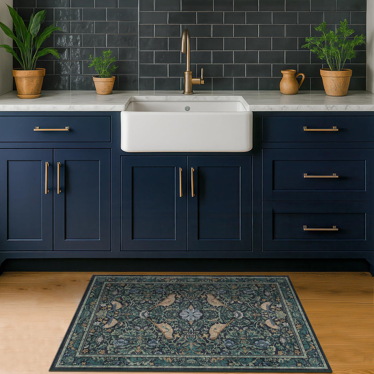 Hazo Haus non-slip backing rug helps keep floors secure in busy kitchens and baths.