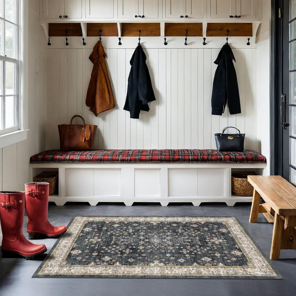 Hazo Haus non-slip rubber back keeps rug in place on hard floors.