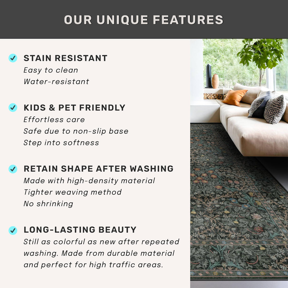 Hazo Haus non-slip rubber backing helps keep rug in place.