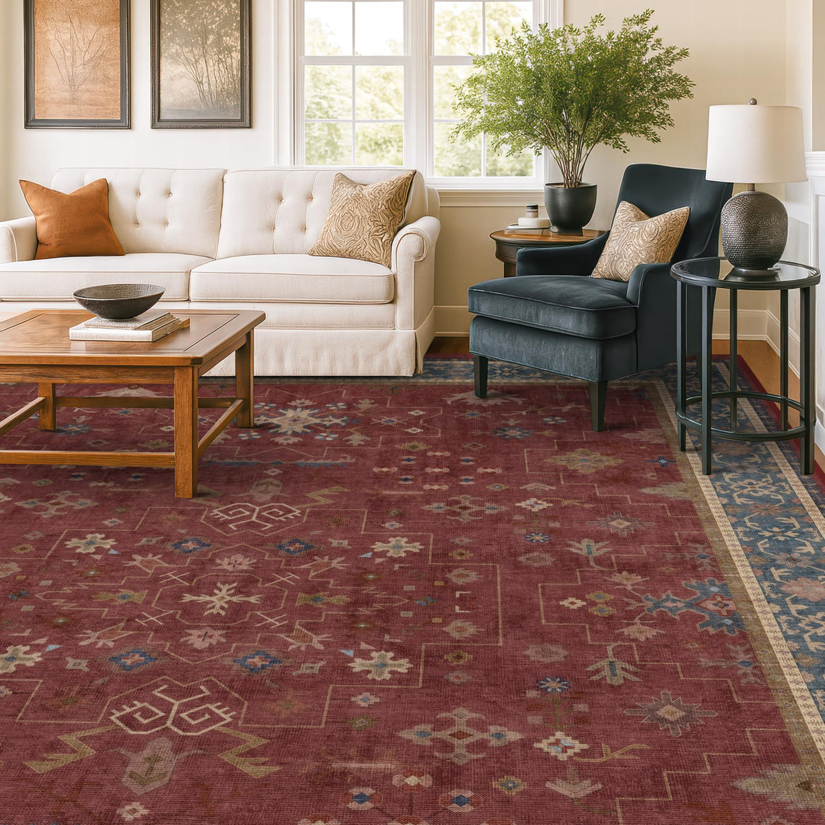 Hazo Haus Oriental 8x10 rug overview in burgundy enhances living rooms