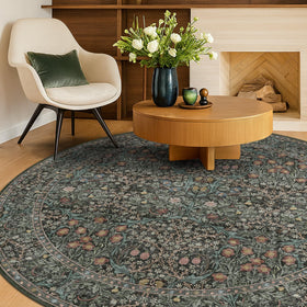 Hazo Haus round rug in dark green floral design adds vintage charm.
