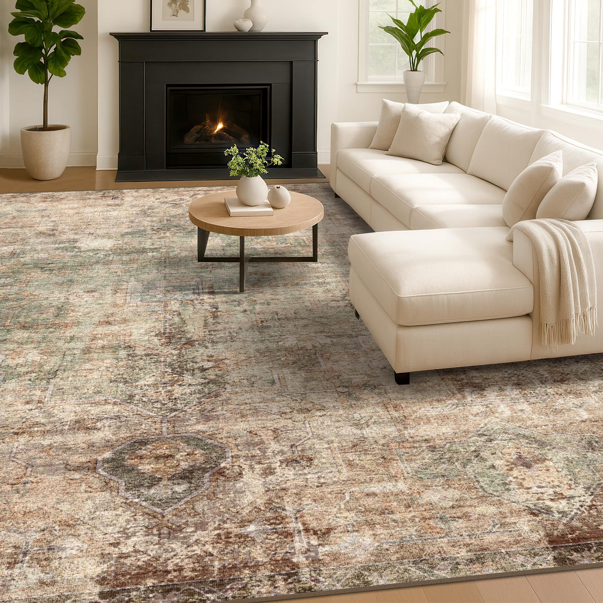 Moss green colorway of Hazo Haus rug complements rustic interiors.