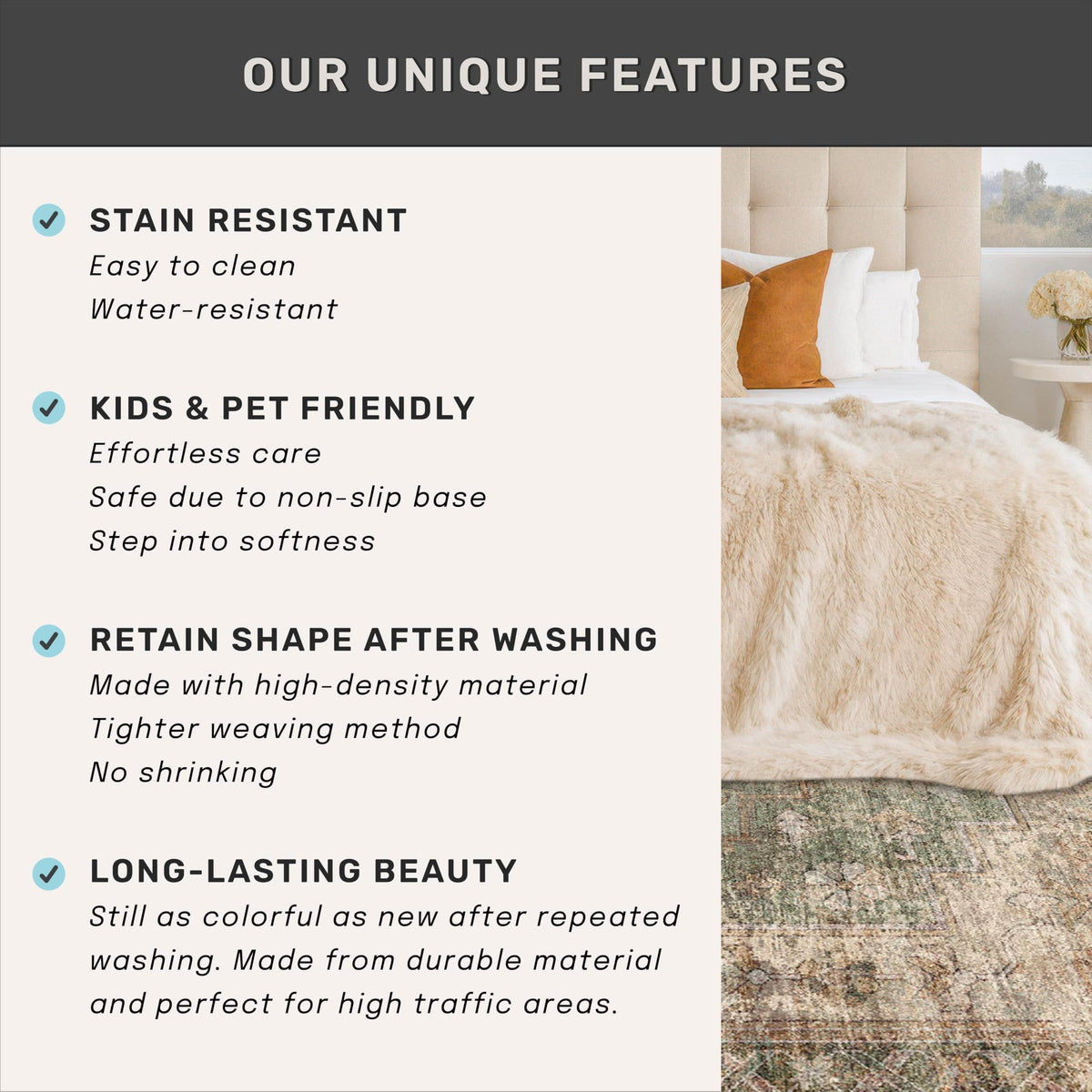 Vintage-inspired medallion detail from Hazo Haus rug in neutral tones.