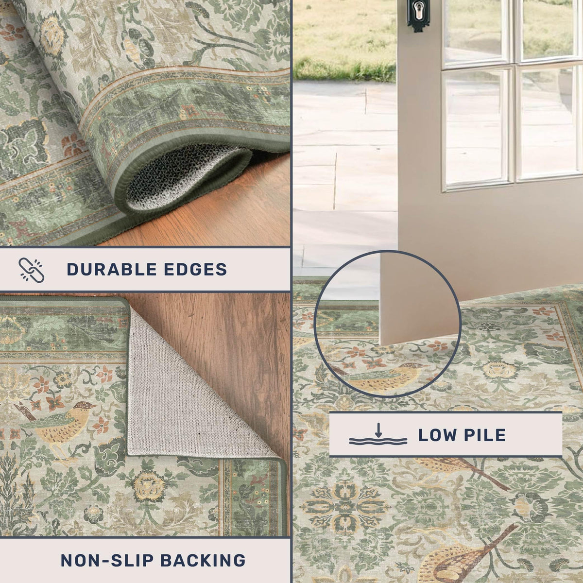 Hazo Haus Sage Green Boho Bathroom Rug entryway perspective highlighting low pile cleaning ease
