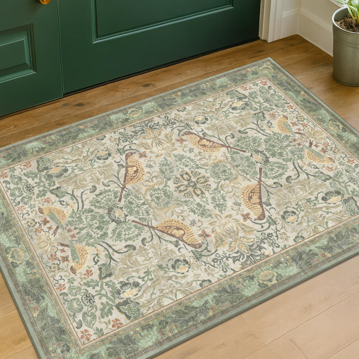Hazo Haus Sage Green Boho Bathroom Rug main view with cozy entryway and easy care