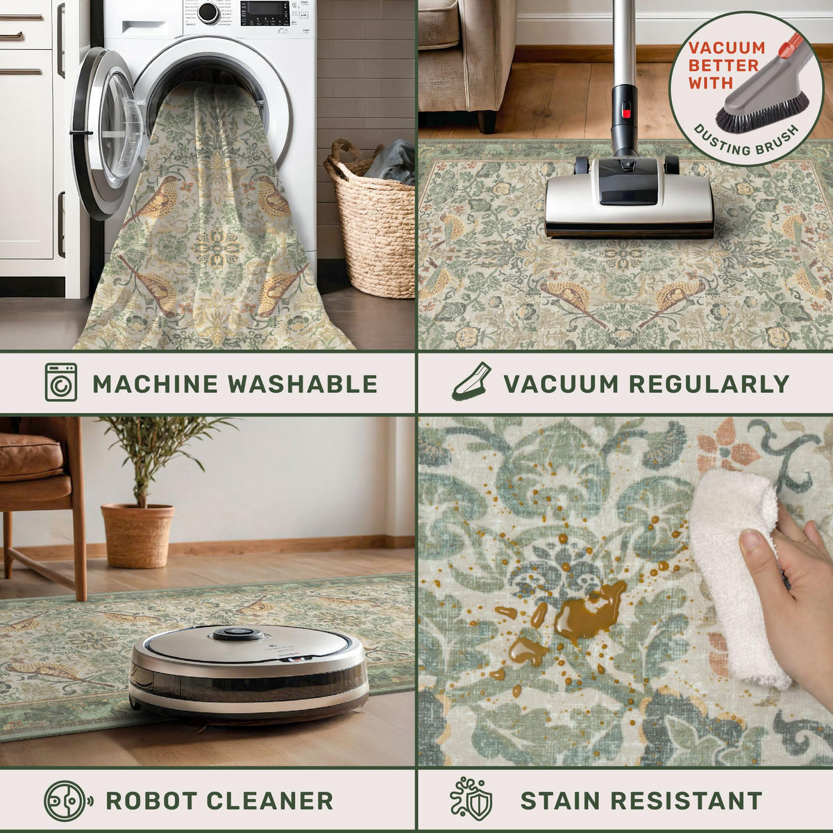 Hazo Haus Sage Green Boho Bathroom Rug pattern detail with vintage botanical motif