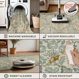Hazo Haus Sage Green Boho Bathroom Rug pattern detail with vintage botanical motif