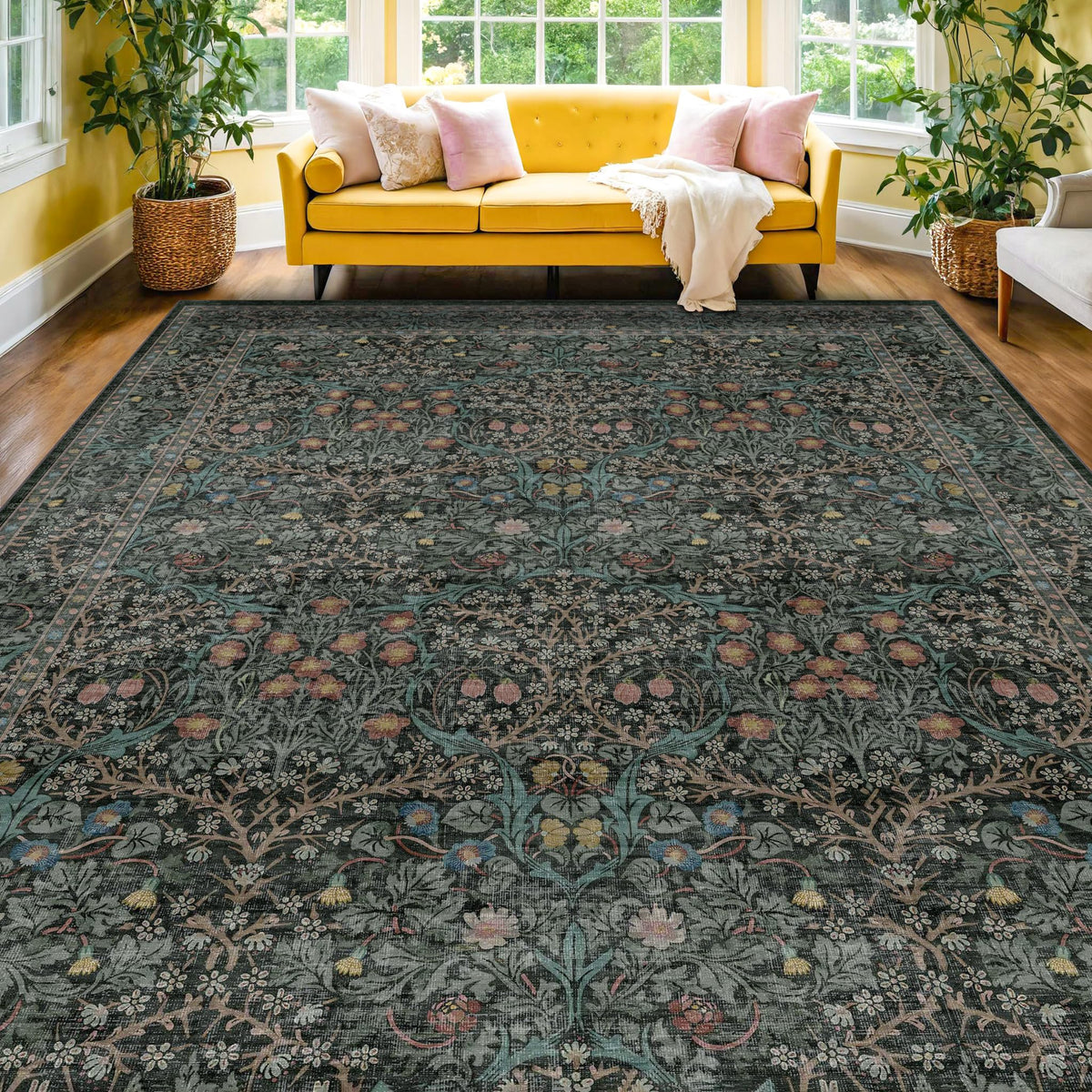 Hazo Haus vintage dark green rug design detail highlighting classic botanical motifs for timeless style.