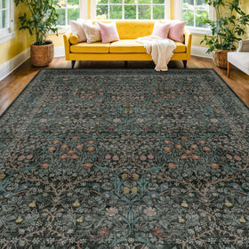 Hazo Haus vintage dark green rug design detail highlighting classic botanical motifs for timeless style.
