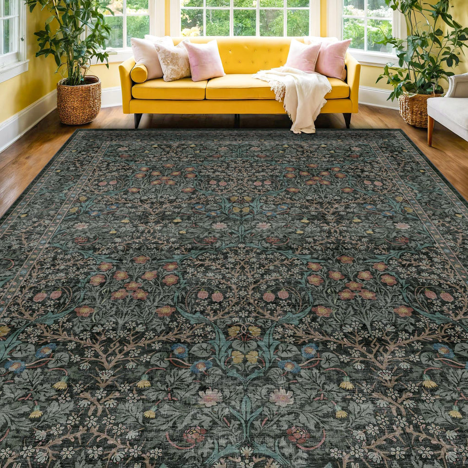 Hazo Haus vintage dark green rug design detail highlighting classic botanical motifs for timeless style.