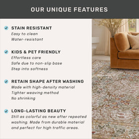 Hazo Haus vintage moss green rug complements dining room decor with earthy tones