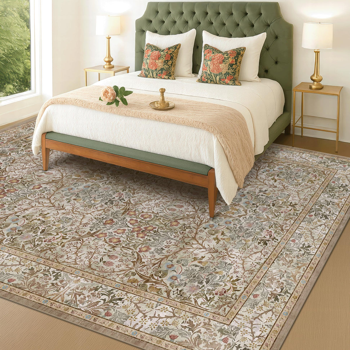 Hazo Haus moss green rug in living room setup with neutral taupe accents
