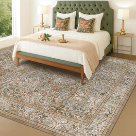 Hazo Haus moss green rug in living room setup with neutral taupe accents