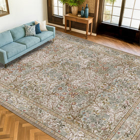 Hazo Haus vintage moss green rug wide shot showing timeless botanical pattern for living rooms