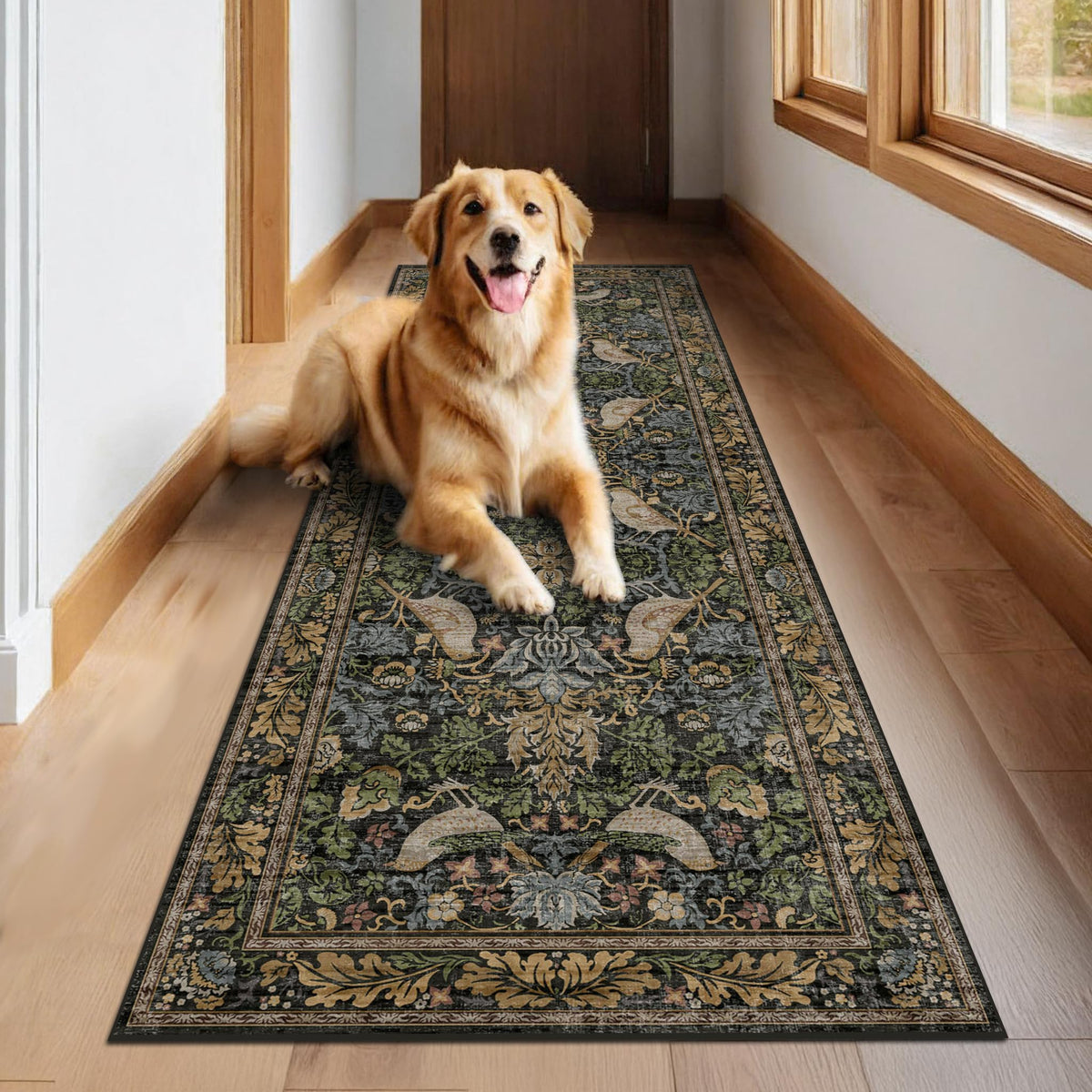 Hazo Haus floral runner; charcoal, olive and slate tones elevate hallways