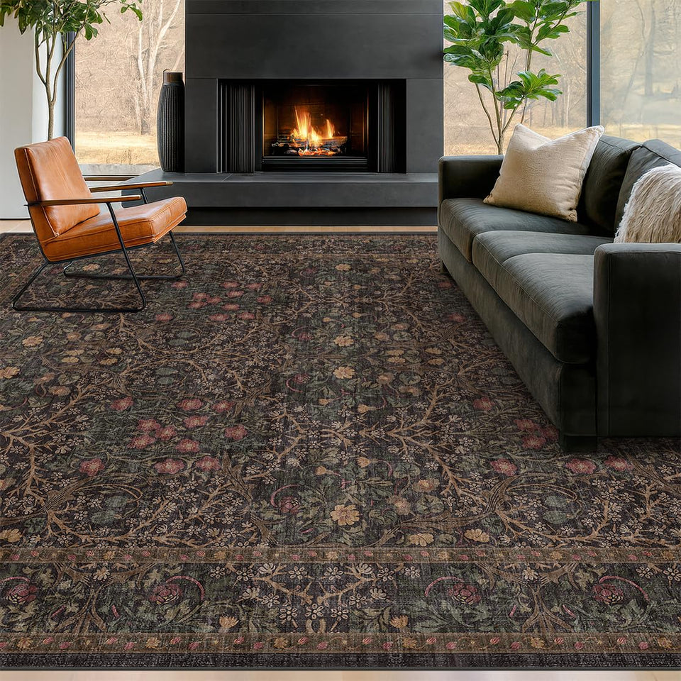 Hazo Haus vintage washable rug with floral pattern for a refined living room centerpiece.
