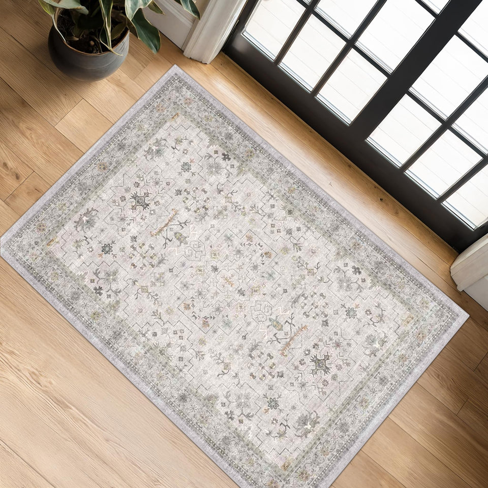 Hazo Haus washable 2x3 entryway rug with floral accents, ideal for easy cleaning in busy foyers.