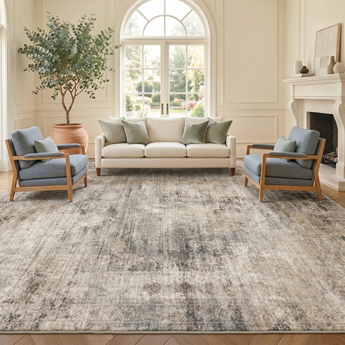Hazo Haus washable 8x10 area rug in taupe, ultra-soft underfoot for living room comfort.