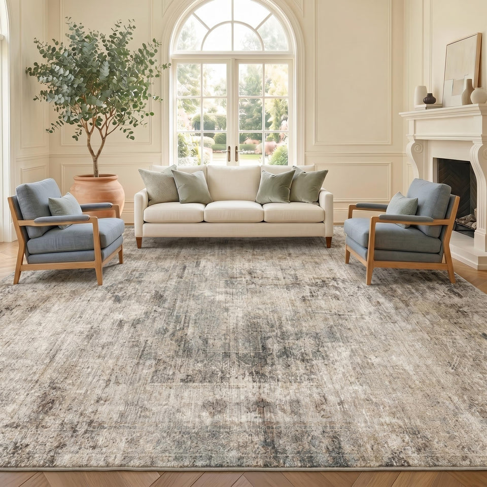 Hazo Haus washable 8x10 area rug in taupe, ultra-soft underfoot for living room comfort.