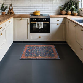 Hazo Haus low-pile navy blue rug resists pet hair for cozy floors in bathroom