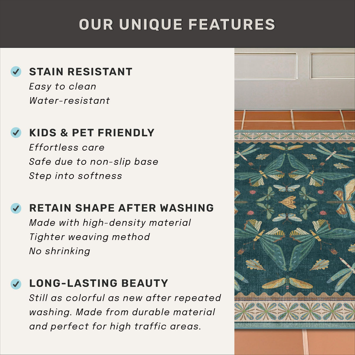 Pet-friendly Hazo Haus rug resists hair and stains in daily life.