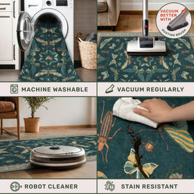 Hazo Haus teal rug with scalloped border adding vintage charm.