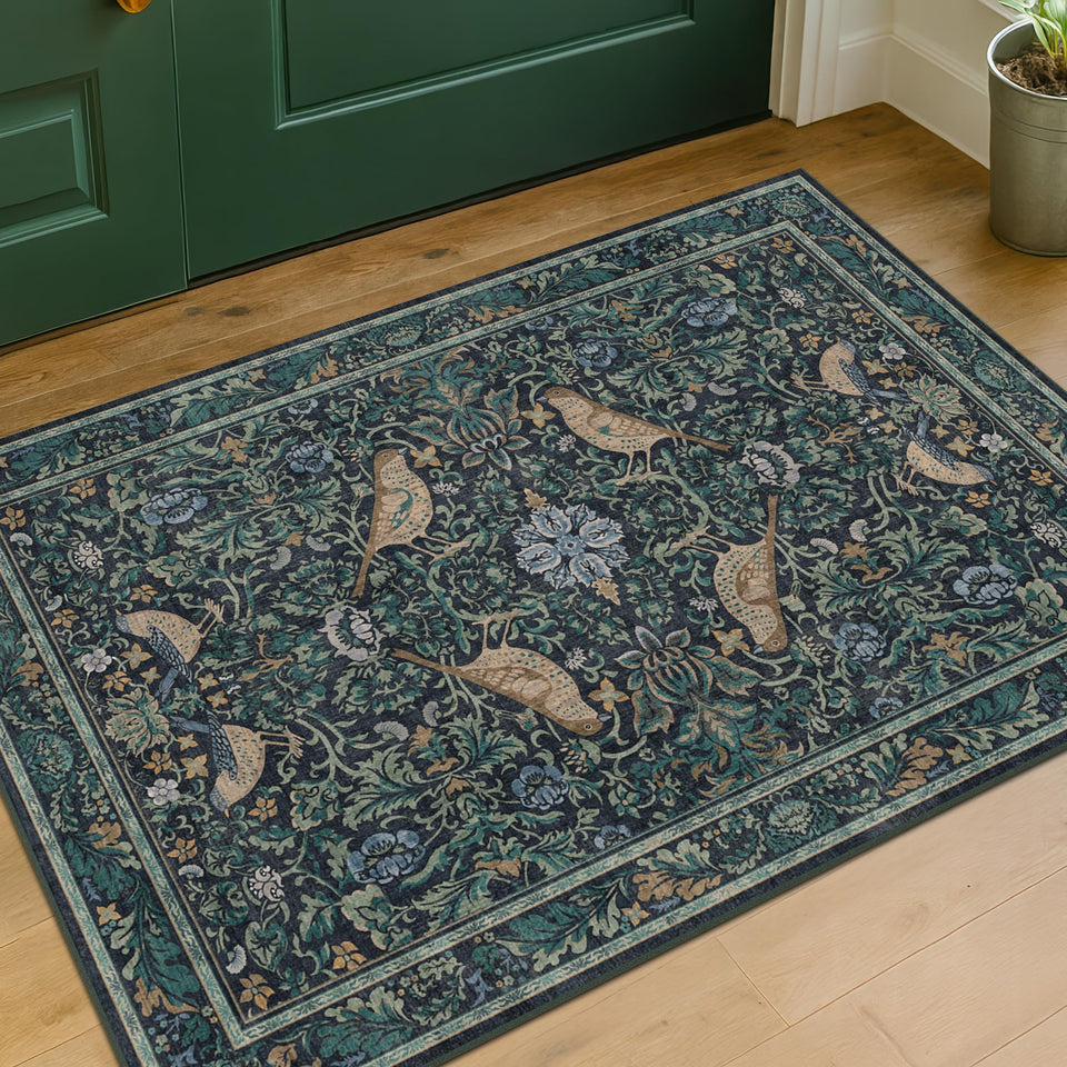 Hazo Haus washable floral 2x3 dark blue rug is ideal for entryways with easy-care maintenance.